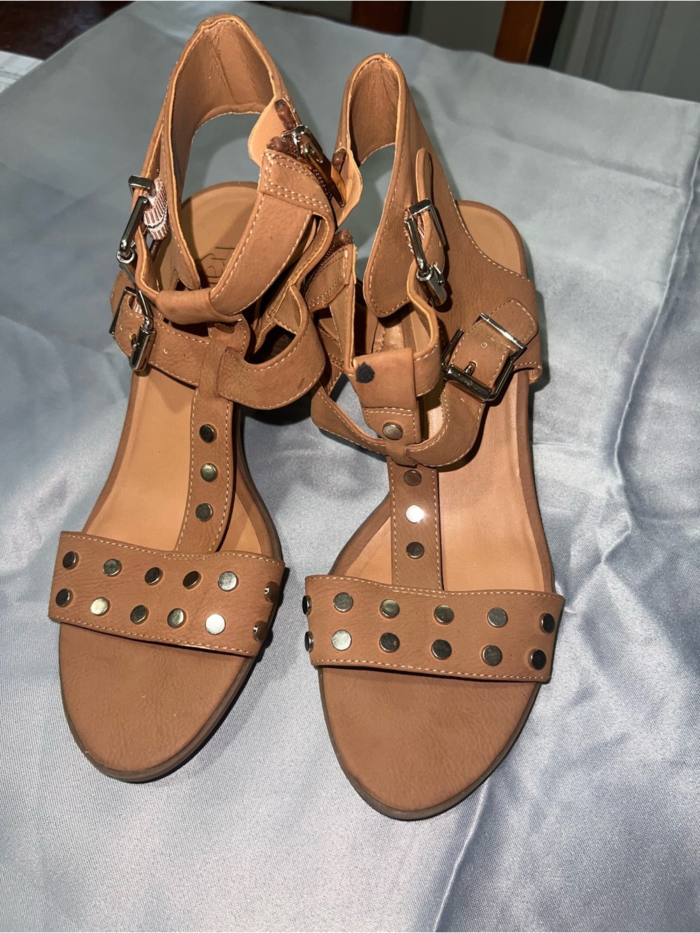 Franco Sarto Tan Studded T-Strap Heels